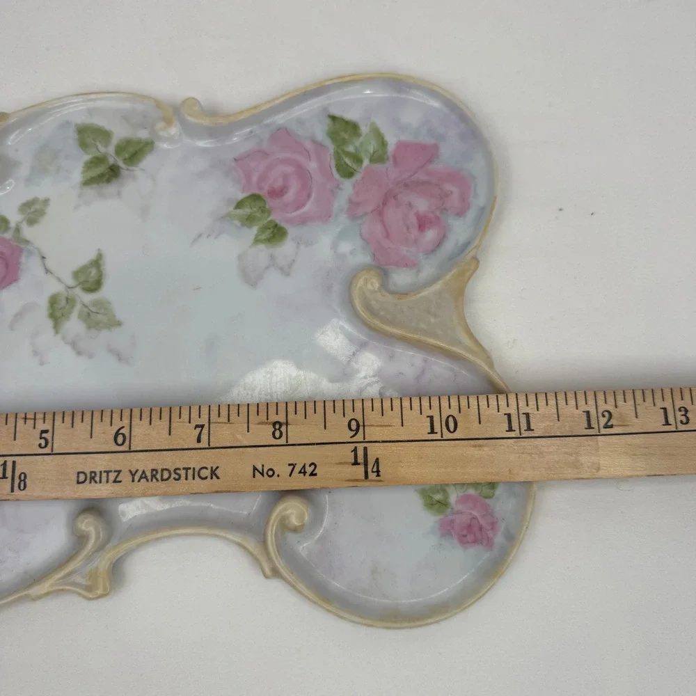 Antique Hand Painted Porcelain Vanity Tray Pink Roses Signed T Baker Butterfly